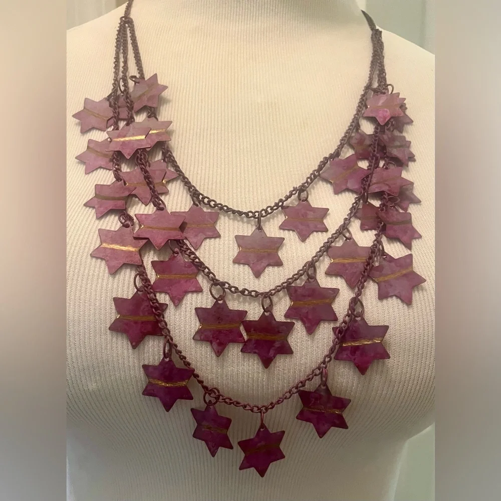 Vtg Unique Purple Multiple Drop Triple Layered Stars Necklace Fashion Jewelry - Picture 1 of 3